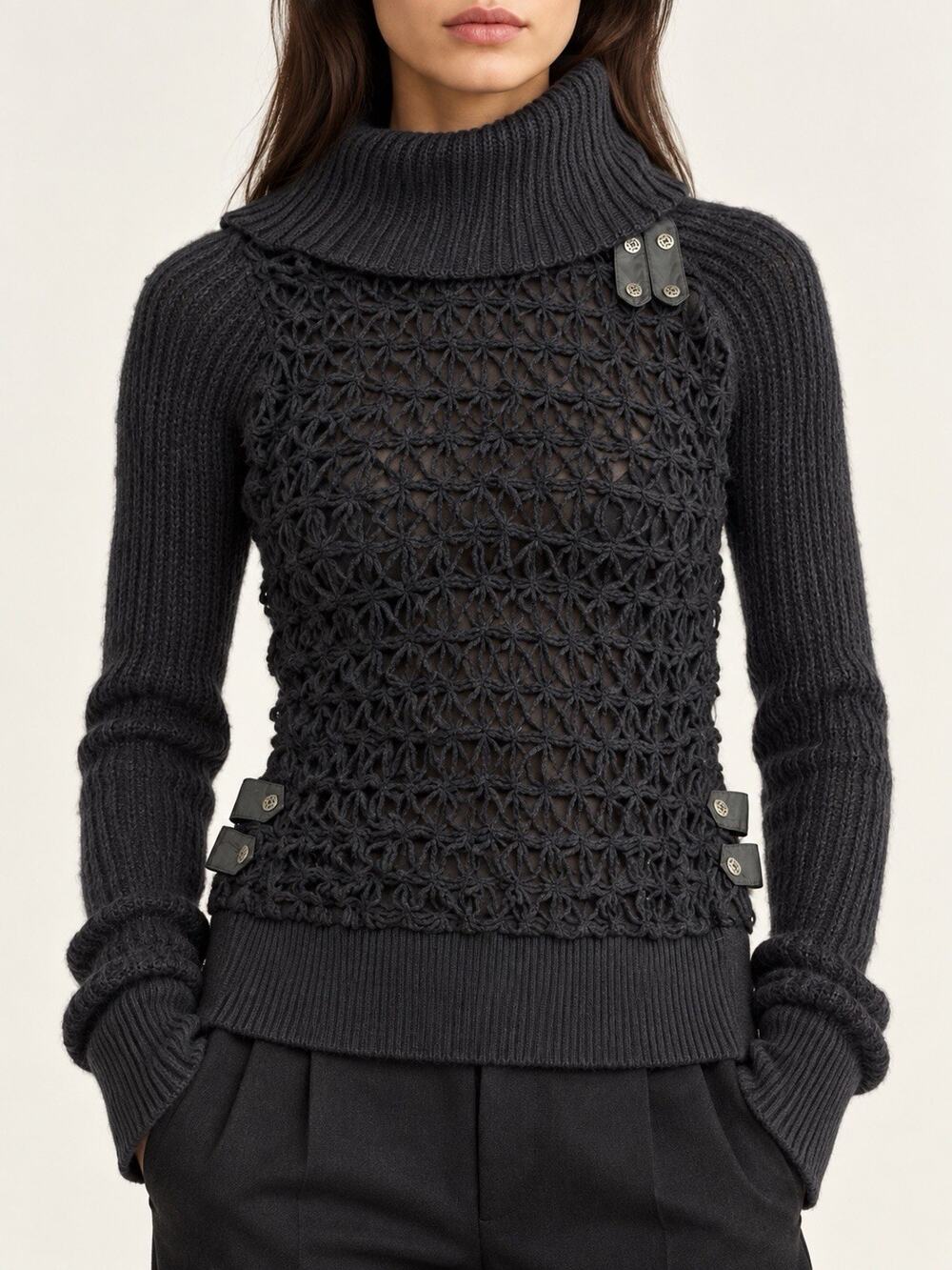 Jean Paul Gaultier Femme Sweater 46 Black Crochet Turtleneck Made Italy L